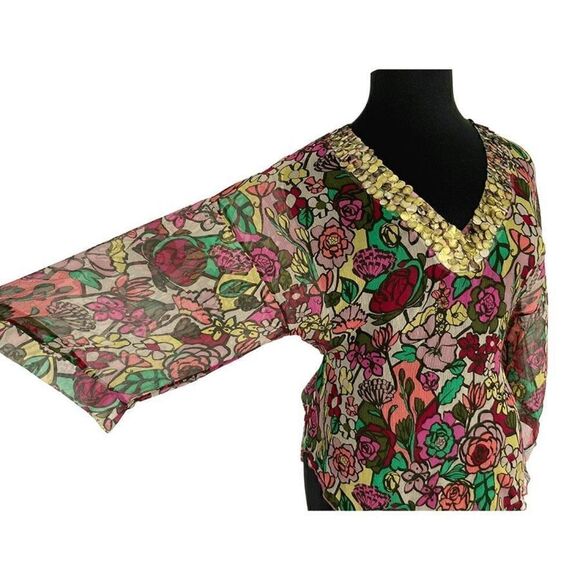Tom K Nguyen L Multi-Color Floral Silk Top Sheer Sequin Y2K VTG Boho Art To Wear - Picture 8 of 13